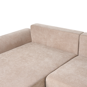 Divano letto angolare a 3 posti con braccioli contenitori rivestito in ciniglia marrone chiaro lato sinistro stile moderno