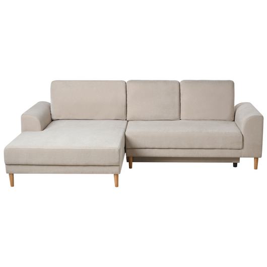 Divano letto angolare a 3 posti con braccioli contenitori rivestito in ciniglia marrone chiaro lato destro stile moderno