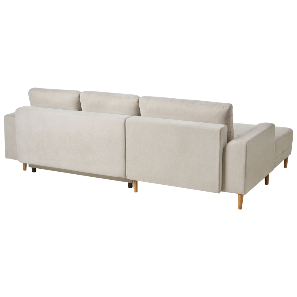 Divano letto angolare a 3 posti con braccioli contenitori rivestito in ciniglia marrone chiaro lato destro stile moderno