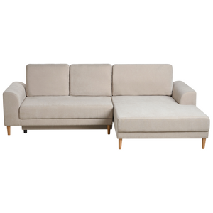Divano letto angolare a 3 posti con braccioli contenitori rivestito in ciniglia beige lato sinistro stile moderno