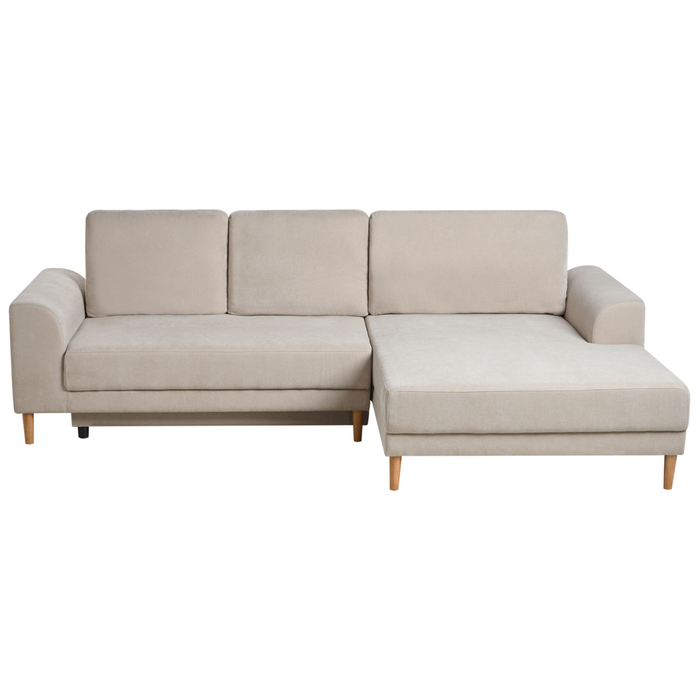 Divano letto angolare a 3 posti con braccioli contenitori rivestito in ciniglia beige lato sinistro stile moderno