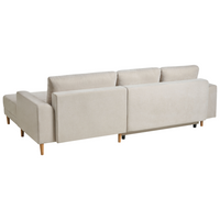 Divano letto angolare a 3 posti con braccioli contenitori rivestito in ciniglia beige lato sinistro stile moderno