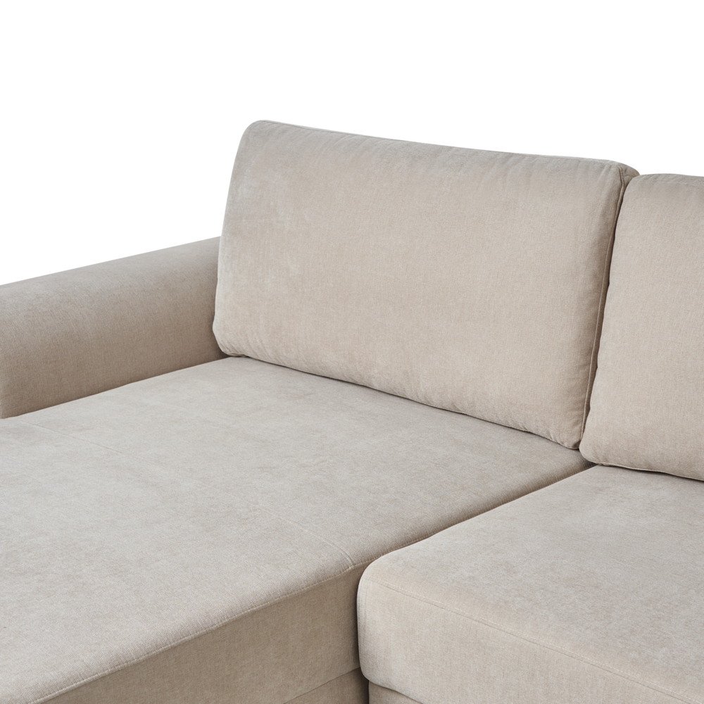 Divano letto angolare a 3 posti con braccioli contenitori rivestito in ciniglia beige lato sinistro stile moderno