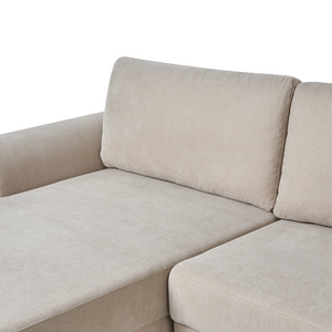 Divano letto angolare a 3 posti con braccioli contenitori rivestito in ciniglia beige lato sinistro stile moderno