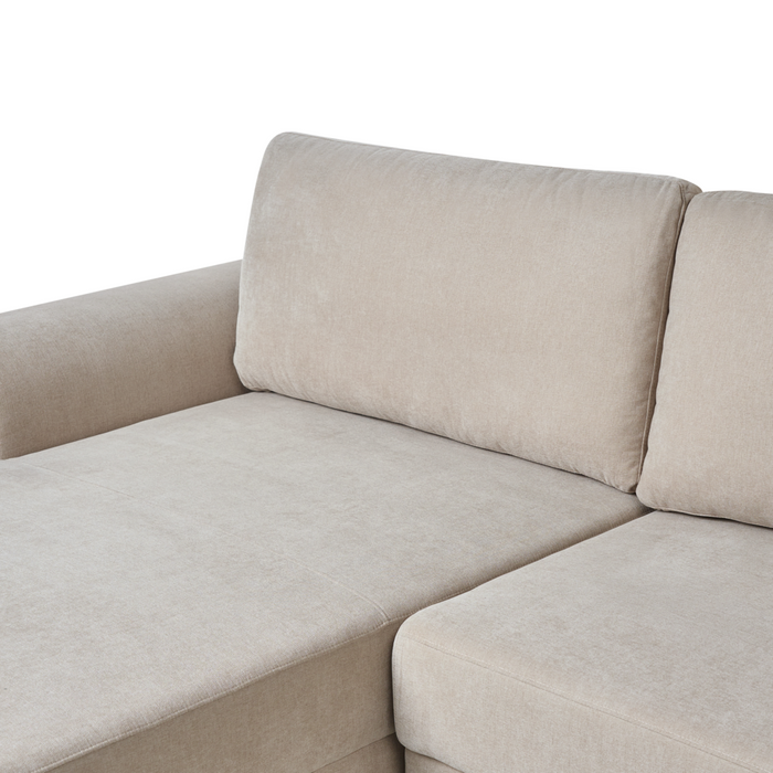 Divano letto angolare a 3 posti con braccioli contenitori rivestito in ciniglia beige lato sinistro stile moderno