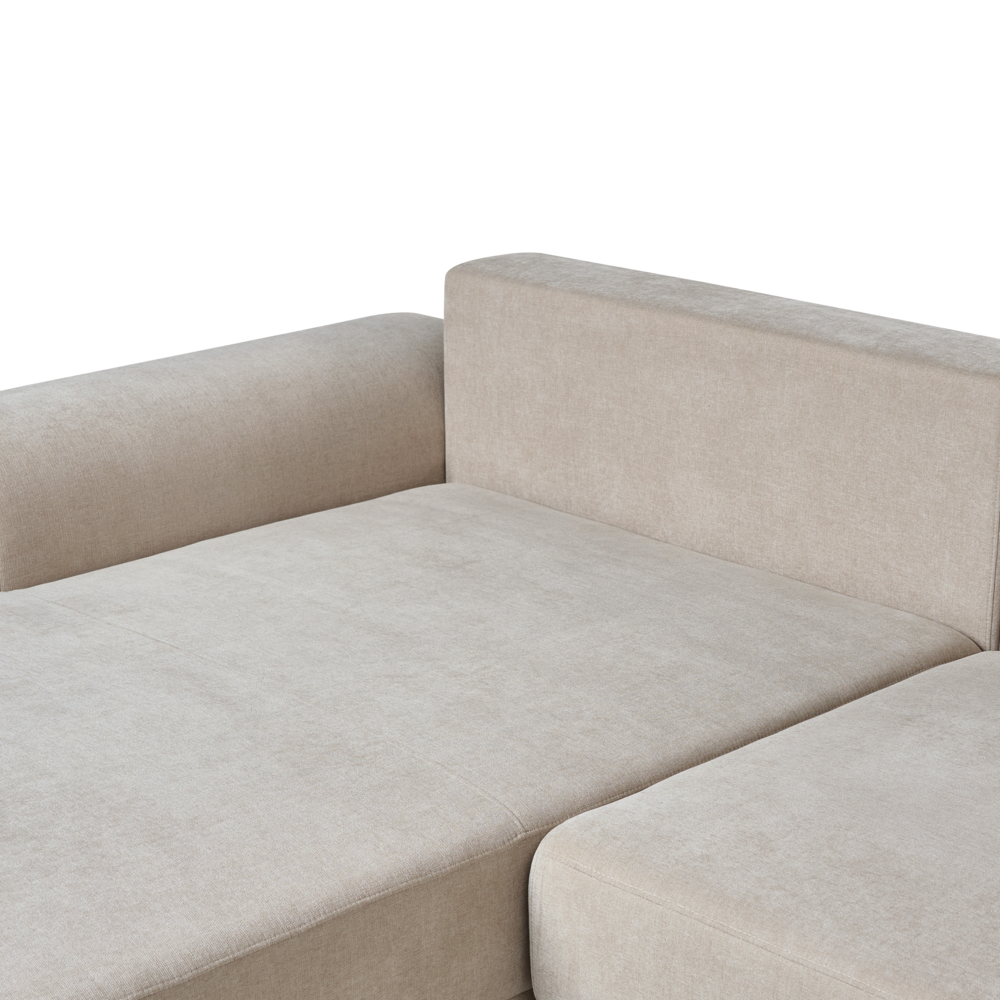 Divano letto angolare a 3 posti con braccioli contenitori rivestito in ciniglia beige lato sinistro stile moderno