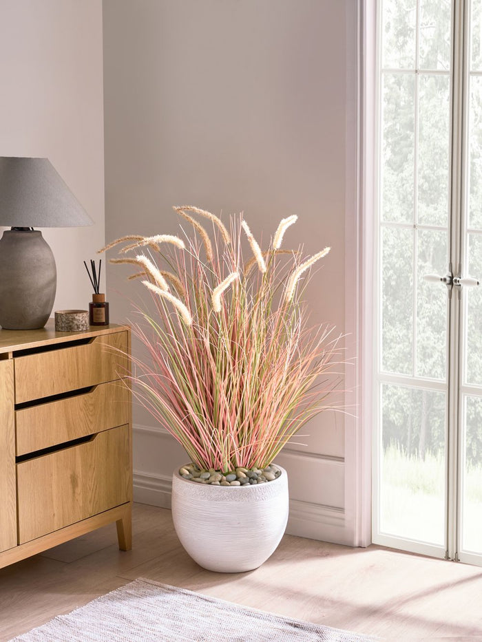 Pianta artificiale in vaso Fiore di canna verde arancione e vaso di plastica nero 120 cm Accessorio decorativo per la casa