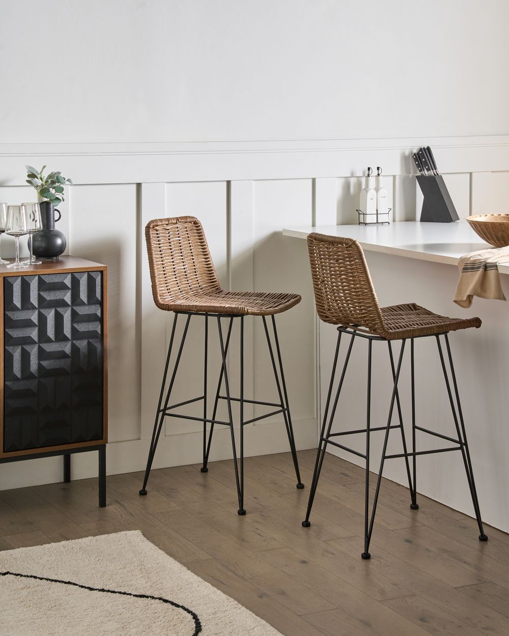 Set di sedie da bar per cucina e sala da pranzo in rattan rustico boho marrone Cassita