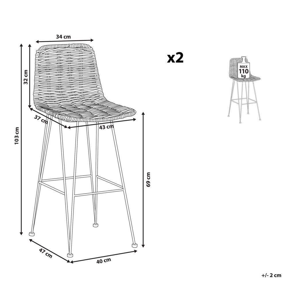 Set di sedie da bar per cucina e sala da pranzo in rattan rustico boho marrone Cassita