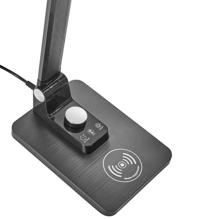 Lampada da scrivania moderna per ufficio domestico 3 modalità di temperatura Dimmer continuo Caricatore wireless Alluminio Materiale sintetico Nero