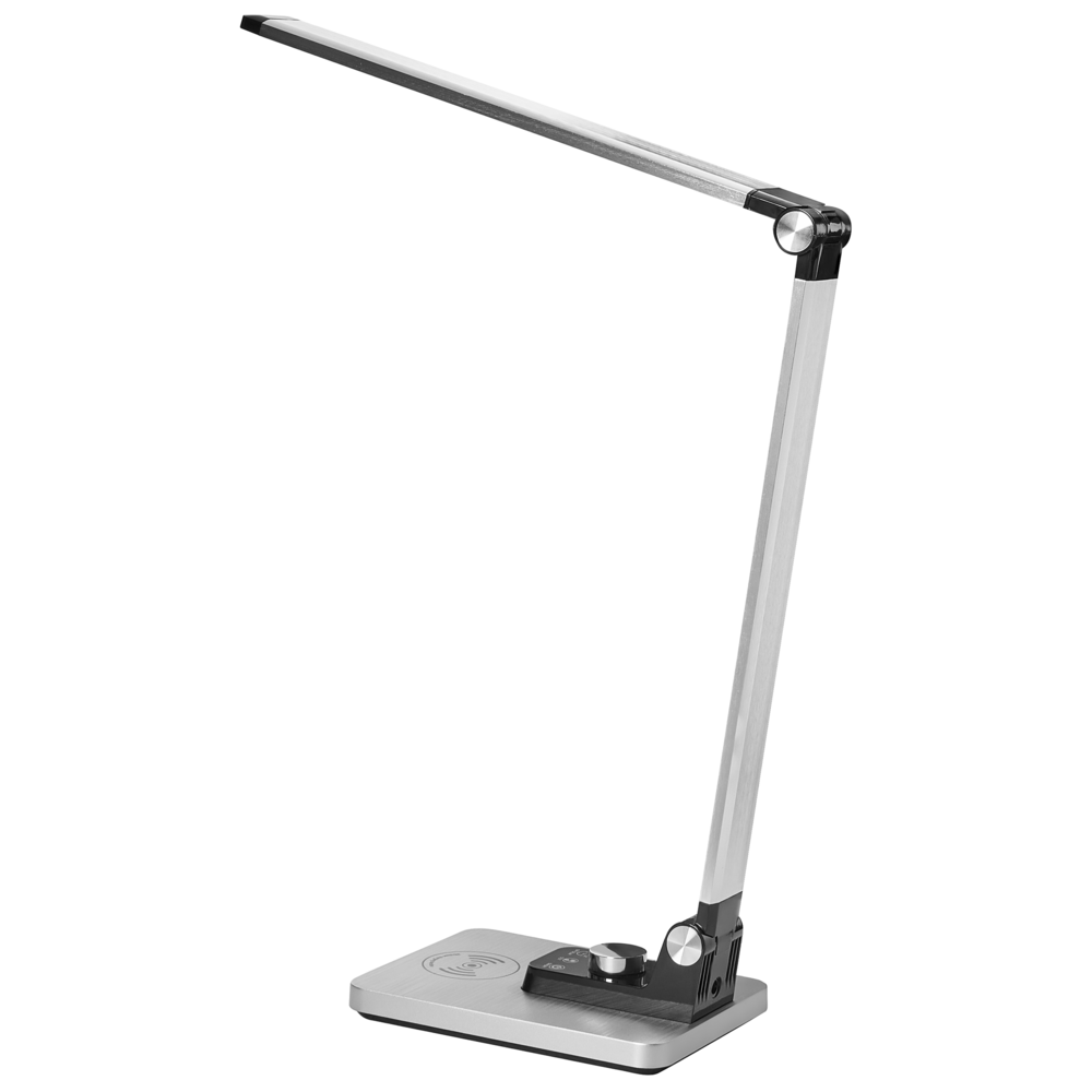 Lampada da scrivania moderna per ufficio domestico 3 modalità di temperatura Dimmer continuo Caricatore wireless Alluminio Materiale sintetico Argento