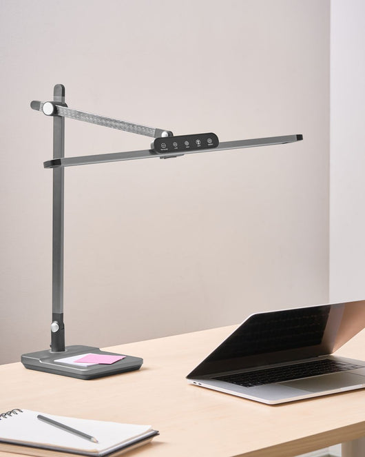 Lampada da scrivania professionale per ufficio grigia illuminazione da tavolo per lettura e computer braccio regolabile dimmer continuo
