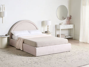Letto imbottito in tessuto beige chiaro 140 x 200 cm, contenitore rialzabile con testiera e rete a doghe