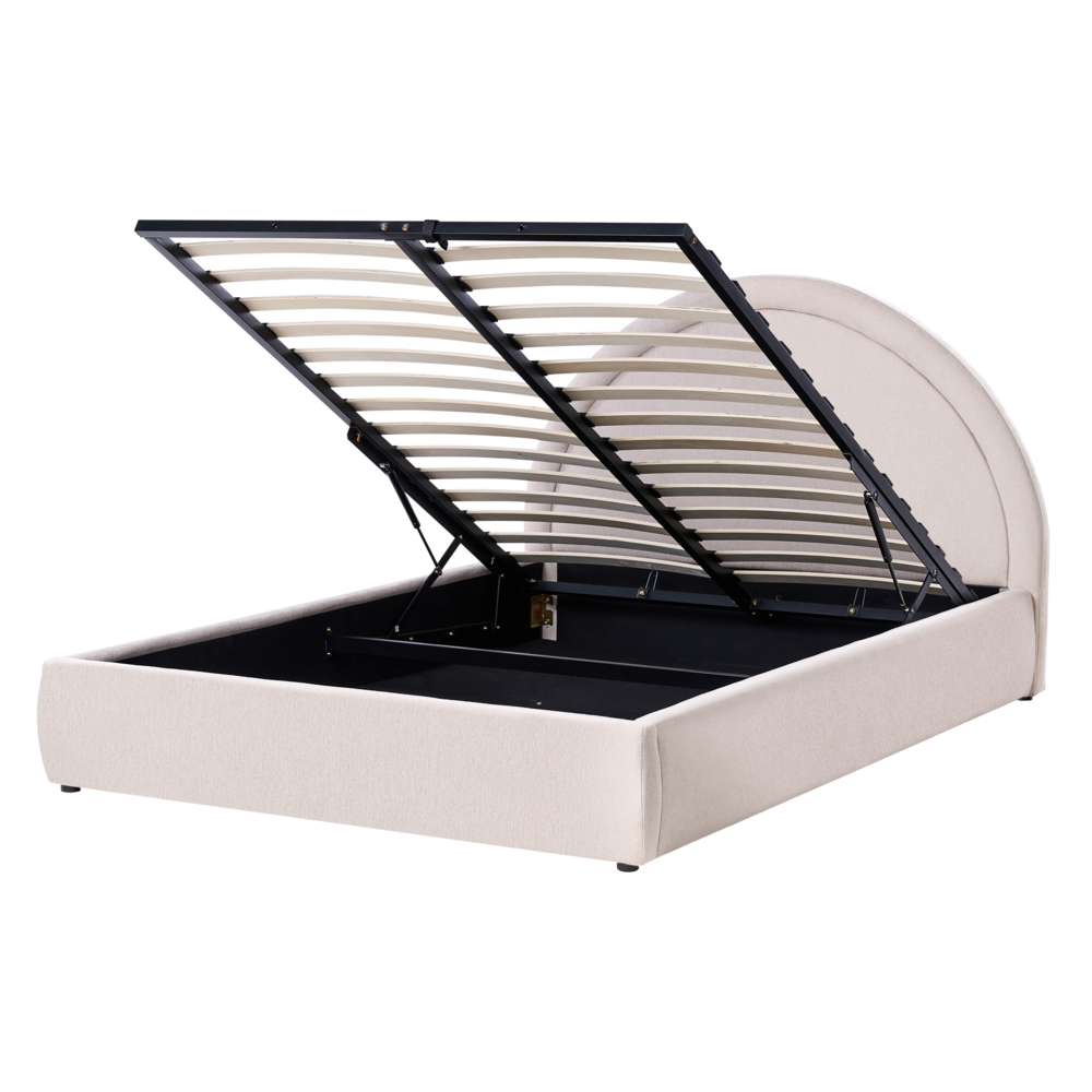 Letto imbottito in tessuto beige chiaro 140 x 200 cm, contenitore rialzabile con testiera e rete a doghe