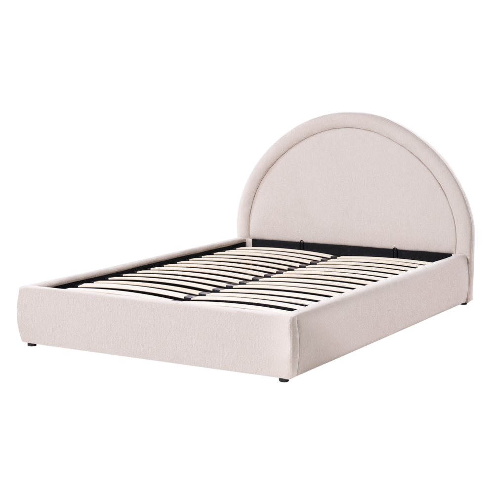 Letto imbottito in tessuto beige chiaro 140 x 200 cm, contenitore rialzabile con testiera e rete a doghe