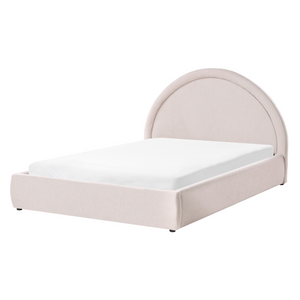 Letto imbottito in tessuto beige chiaro 140 x 200 cm, contenitore rialzabile con testiera e rete a doghe