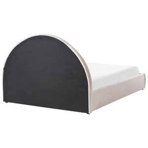 Letto imbottito in tessuto beige chiaro 140 x 200 cm, contenitore rialzabile con testiera e rete a doghe