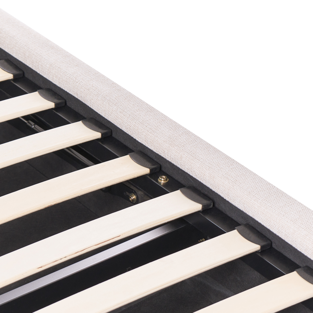 Letto imbottito in tessuto beige chiaro 140 x 200 cm, contenitore rialzabile con testiera e rete a doghe