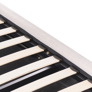 Letto imbottito in tessuto beige chiaro 140 x 200 cm, contenitore rialzabile con testiera e rete a doghe