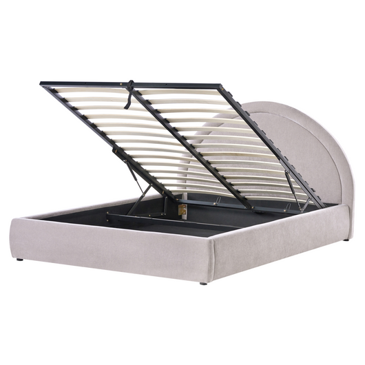 Letto imbottito in tessuto tortora 160 x 200 cm, contenitore rialzabile con testiera e rete a doghe