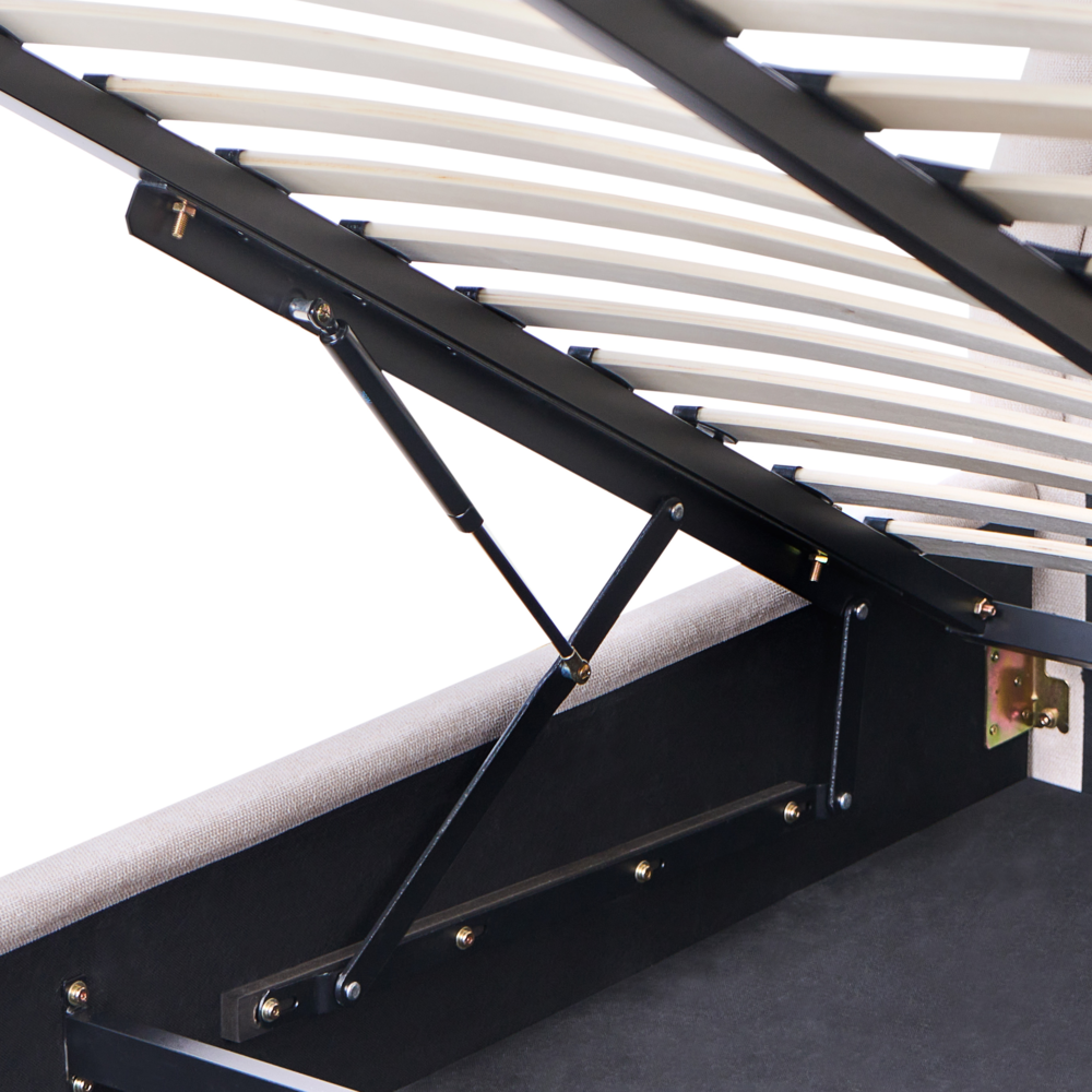 Letto imbottito in tessuto tortora 160 x 200 cm, contenitore rialzabile con testiera e rete a doghe