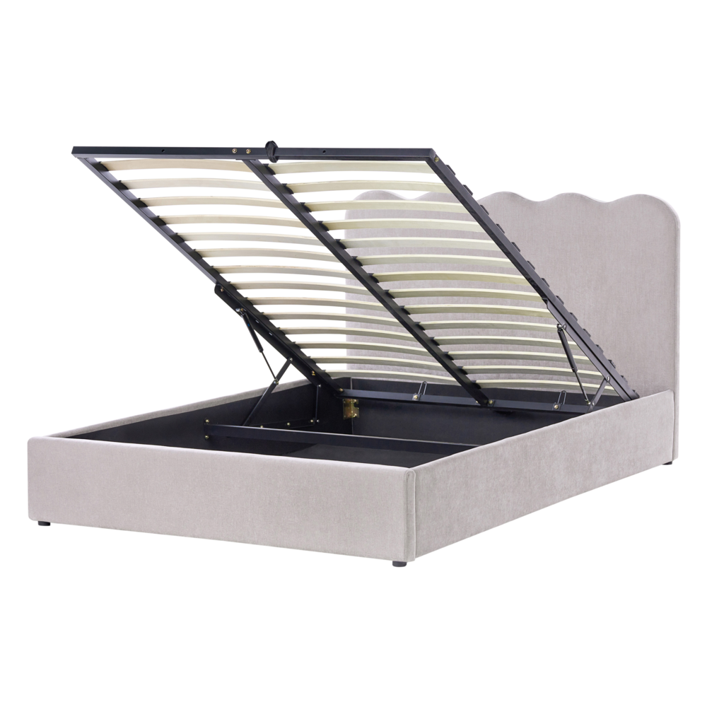 Letto in tessuto imbottito color taupe 140 x 200 cm contenitore elevabile con testiera e rete a doghe