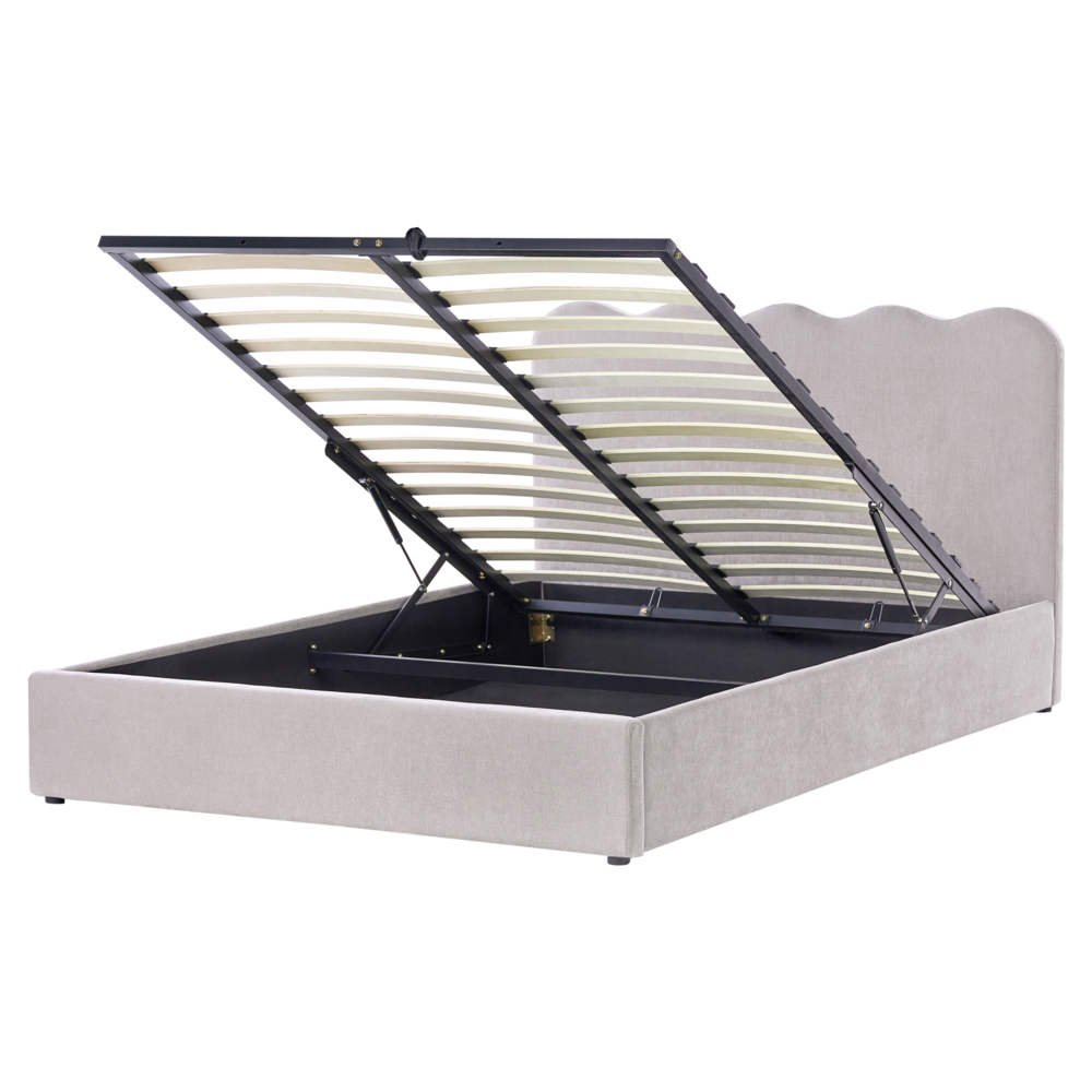 Letto in tessuto imbottito color tortora 160 x 200 cm contenitore elevabile con testiera e rete a doghe