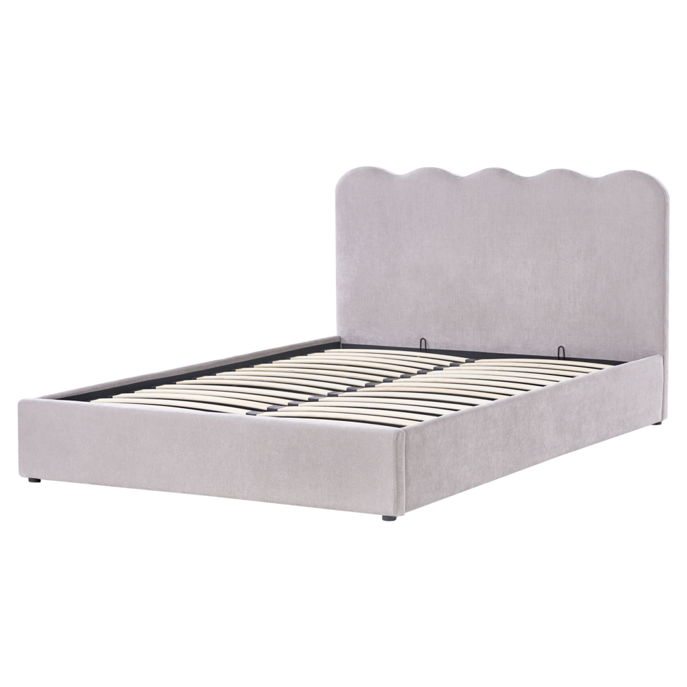 Letto in tessuto imbottito color tortora 160 x 200 cm contenitore elevabile con testiera e rete a doghe