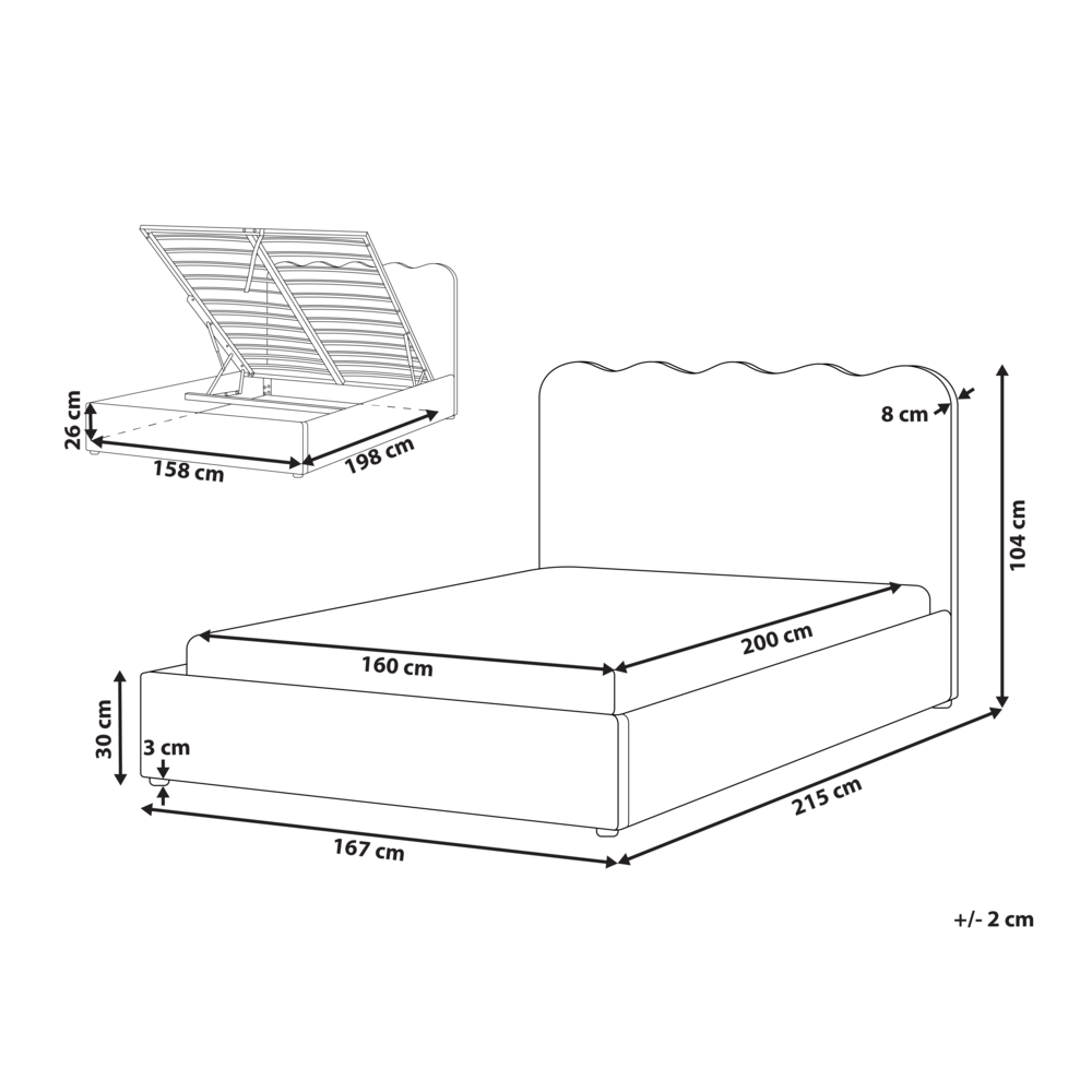 Letto in tessuto imbottito color tortora 160 x 200 cm contenitore elevabile con testiera e rete a doghe