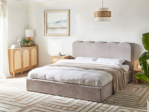 Letto in tessuto imbottito color tortora 180 x 200 cm contenitore elevabile con testiera e rete a doghe