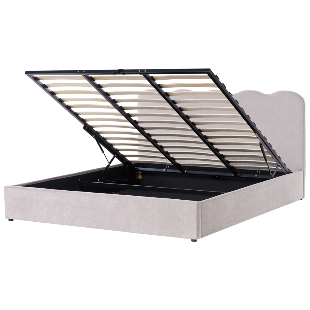 Letto in tessuto imbottito color tortora 180 x 200 cm contenitore elevabile con testiera e rete a doghe