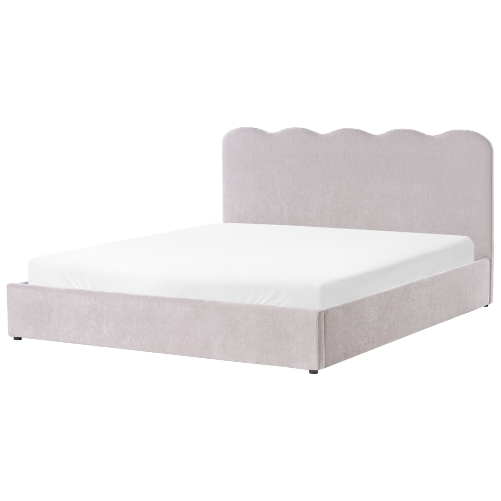 Letto in tessuto imbottito color tortora 180 x 200 cm contenitore elevabile con testiera e rete a doghe