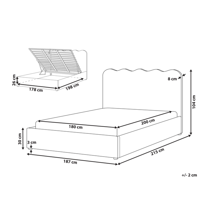 Letto in tessuto imbottito color tortora 180 x 200 cm contenitore elevabile con testiera e rete a doghe