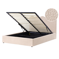 Letto in tessuto imbottito color beige 140 x 200 cm contenitore elevabile con testiera e rete a doghe