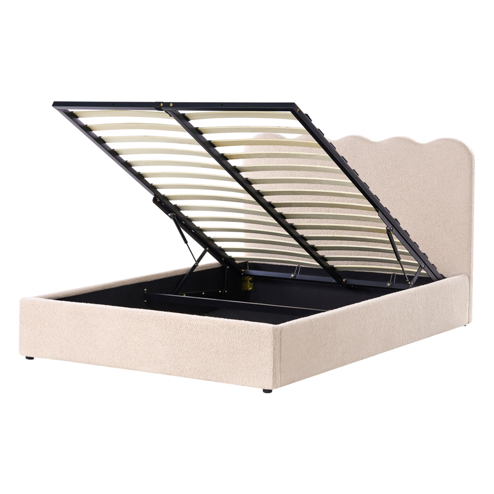 Letto in tessuto imbottito color beige 140 x 200 cm contenitore elevabile con testiera e rete a doghe