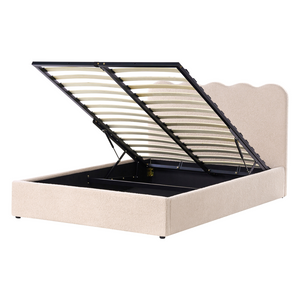 Letto in tessuto imbottito color beige 140 x 200 cm contenitore elevabile con testiera e rete a doghe