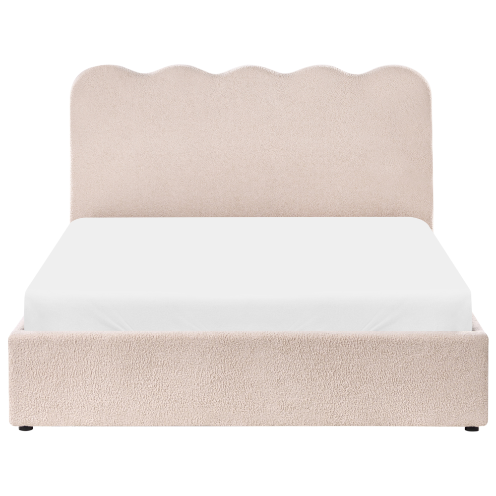 Letto in tessuto imbottito color beige 140 x 200 cm contenitore elevabile con testiera e rete a doghe