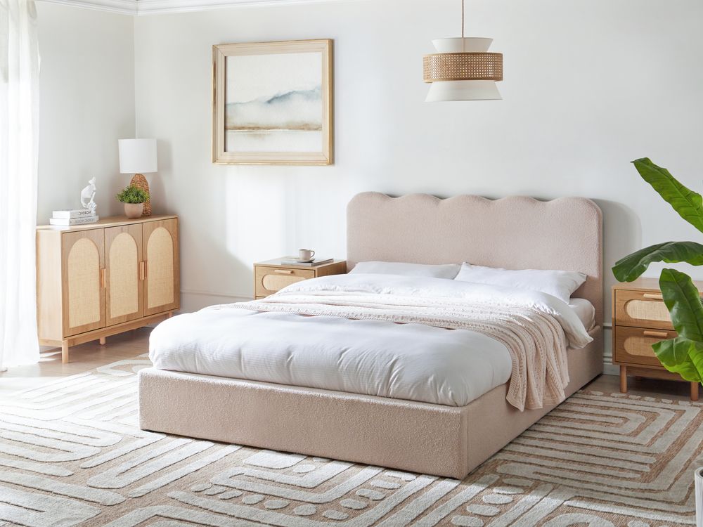 Letto in tessuto imbottito color beige 160 x 200 cm contenitore elevabile con testiera e rete a doghe