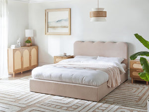 Letto in tessuto imbottito color beige 160 x 200 cm contenitore elevabile con testiera e rete a doghe