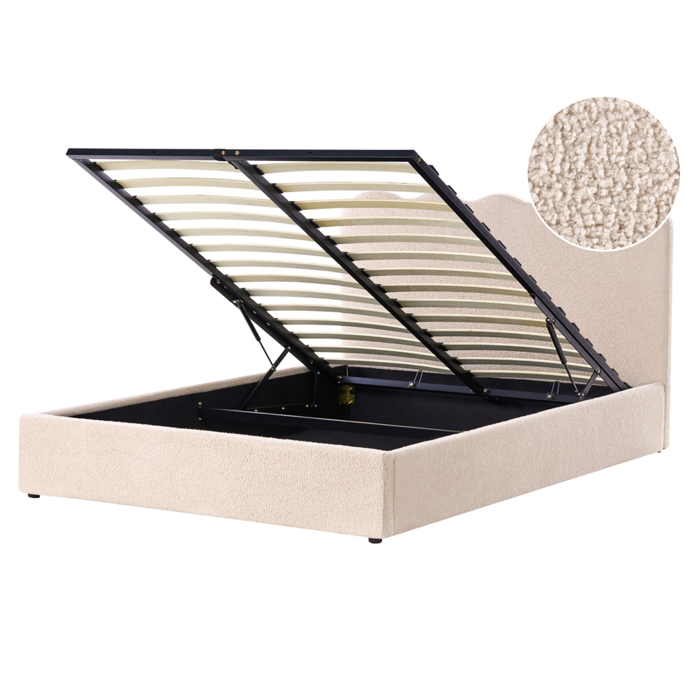 Letto in tessuto imbottito color beige 160 x 200 cm contenitore elevabile con testiera e rete a doghe