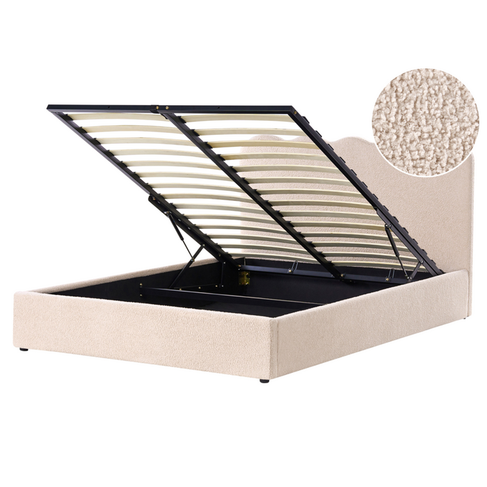 Letto in tessuto imbottito color beige 160 x 200 cm contenitore elevabile con testiera e rete a doghe