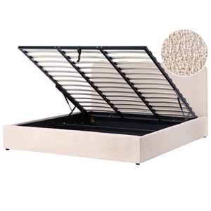 Letto in tessuto imbottito color beige 180 x 200 cm contenitore elevabile con testiera e rete a doghe