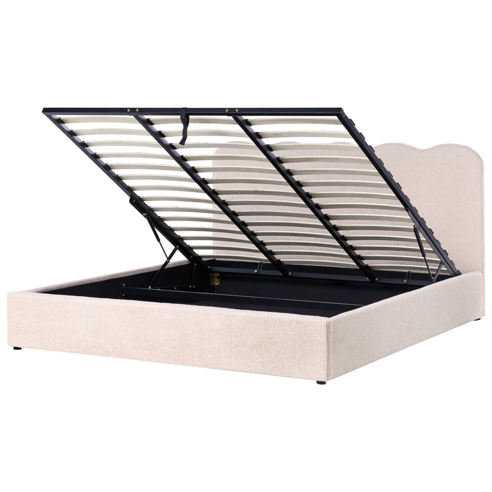 Letto in tessuto imbottito color beige 180 x 200 cm contenitore elevabile con testiera e rete a doghe