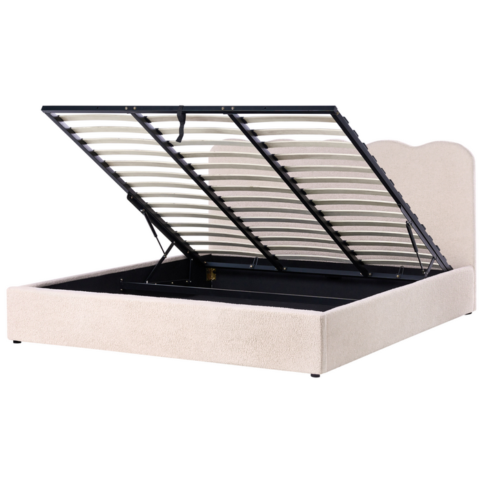 Letto in tessuto imbottito color beige 180 x 200 cm contenitore elevabile con testiera e rete a doghe