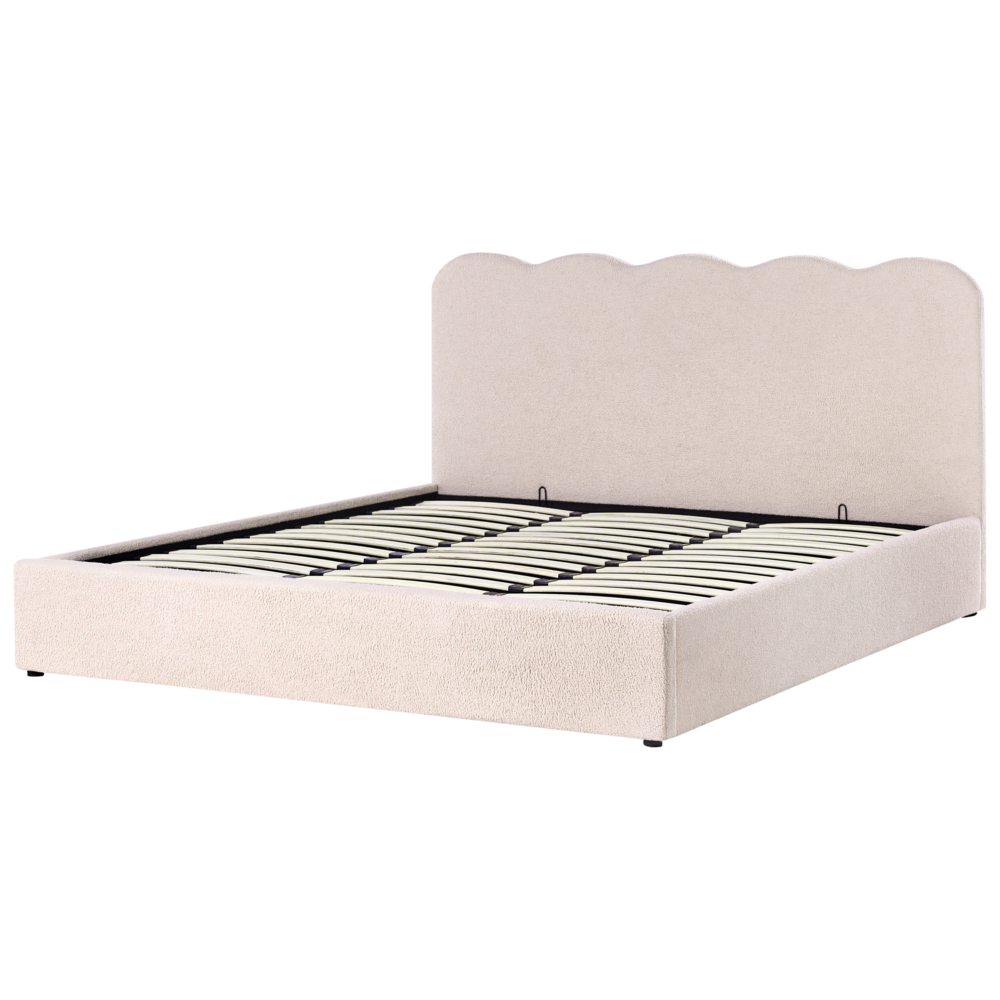Letto in tessuto imbottito color beige 180 x 200 cm contenitore elevabile con testiera e rete a doghe
