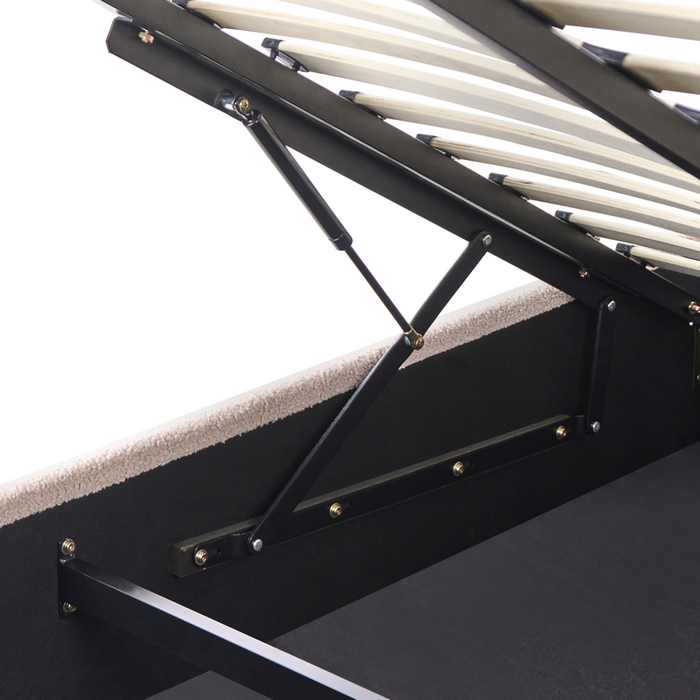 Letto in tessuto imbottito color beige 180 x 200 cm contenitore elevabile con testiera e rete a doghe