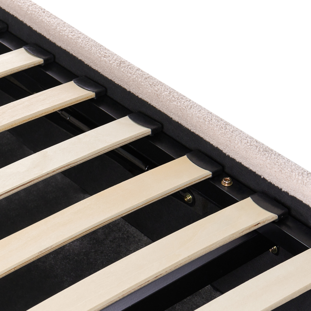 Letto in tessuto imbottito color beige 180 x 200 cm contenitore elevabile con testiera e rete a doghe