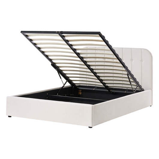 Letto Matrimoniale con Contenitore in tessuto bianco sporco 140 x 200 cm con testiera a doghe