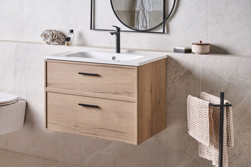 Mobile bagno sospeso con lavabo Frontale in MDF 2 cassetti 80 x 46 cm Marrone chiaro