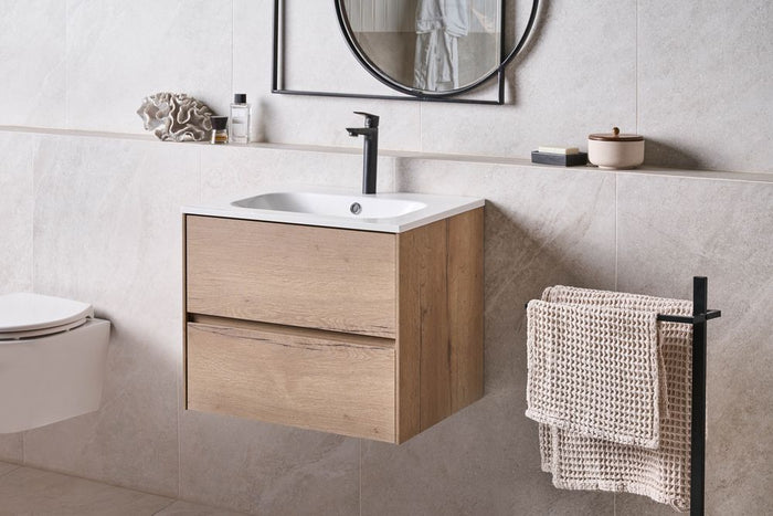 Mobile bagno sospeso con lavabo Frontale in MDF 2 cassetti 60 x 46 cm Marrone chiaro